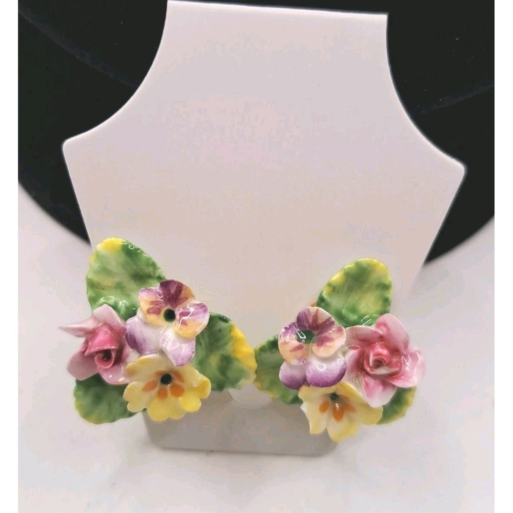 Vintage "Made in England" Signed Porcelain Floral Earrings Screw Back